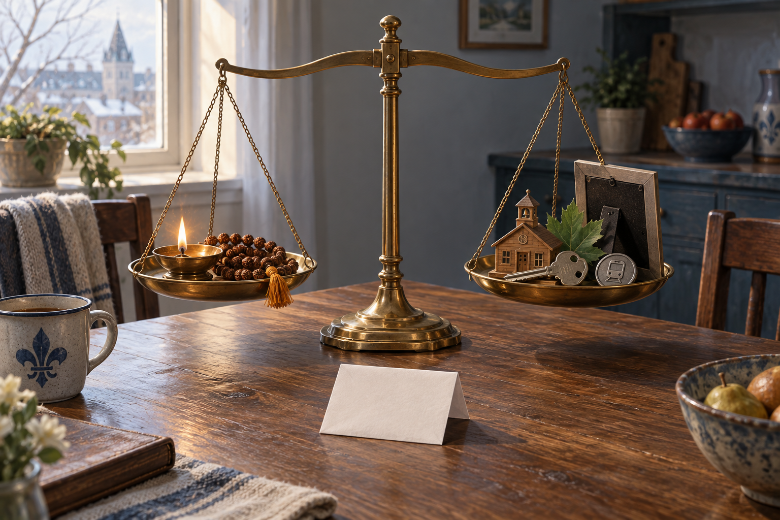 A balance scale on a kitchen table surrounded by an oil lamp, prayer beads, a house key, a school model, a transit token, a leaf, and an unmarked ballot.