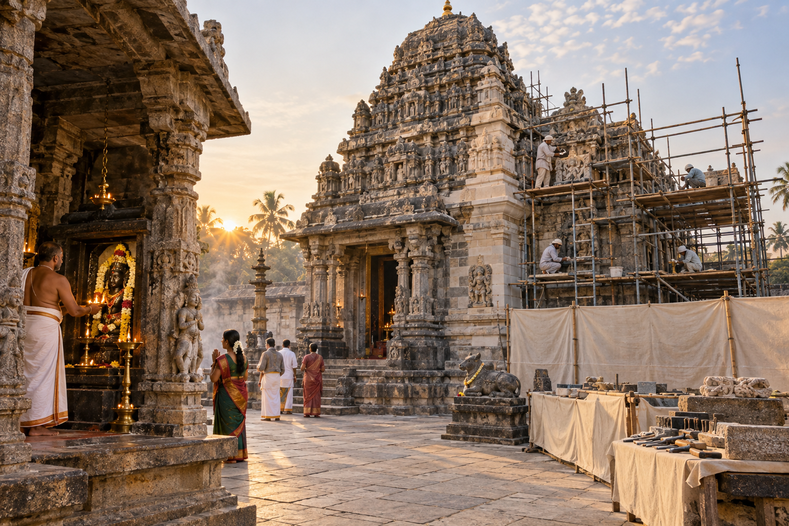 Conservation workers and a priest care for a historic stone Hindu temple while worship continues in a protected shrine area.