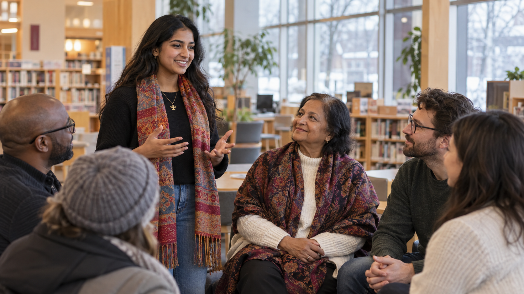 A multigenerational Hindu family takes part in a community discussion with neighbors inside a Quebec public library.