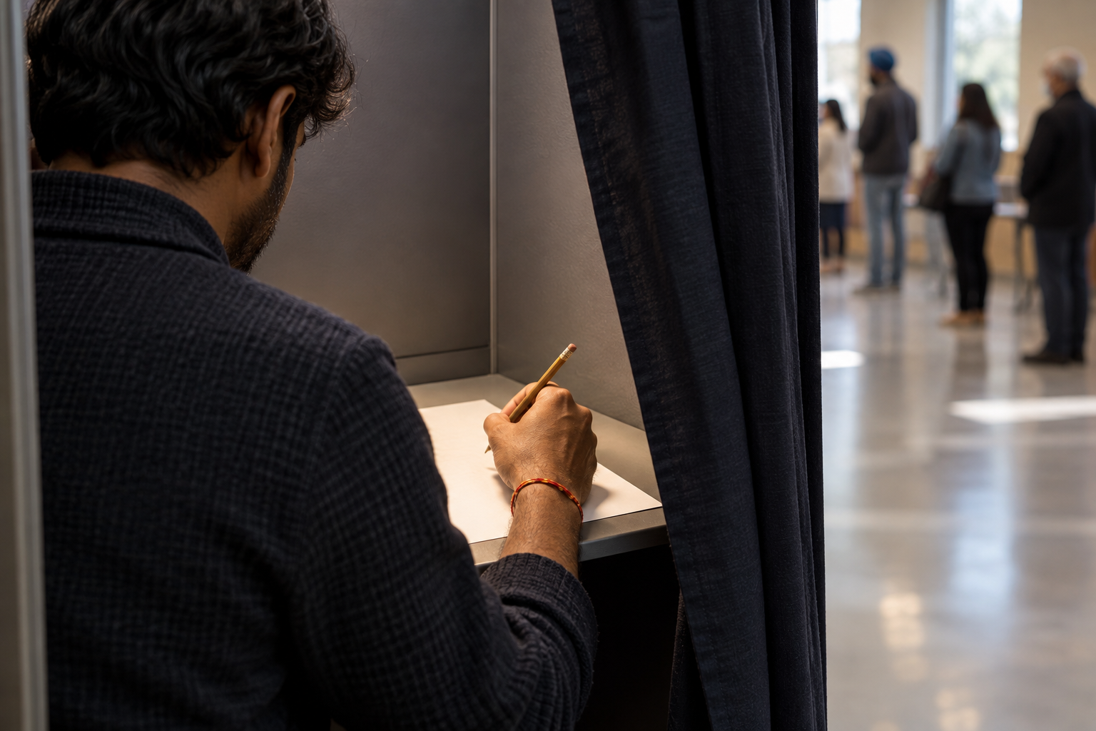 A voter wearing a sacred thread bracelet pauses with a pencil over a blank ballot inside a private polling booth.