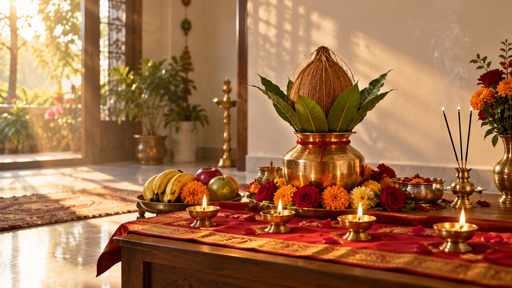 A Navratri home altar with a brass kalash, coconut, mango leaves, flowers, fruit, incense, and four glowing oil lamps.