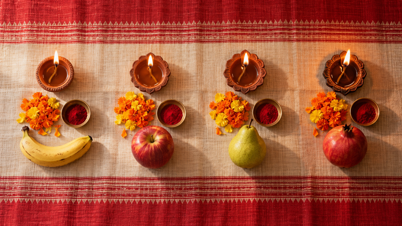 Four separate puja settings with lit clay lamps, marigold petals, kumkum, and fruit arranged in a row.