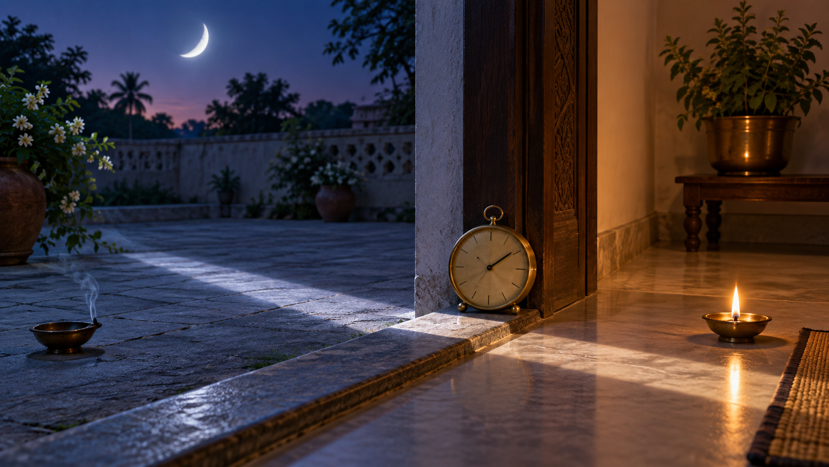 A waxing moon shines across a courtyard threshold beside a numeral-free brass clock and two oil lamps.