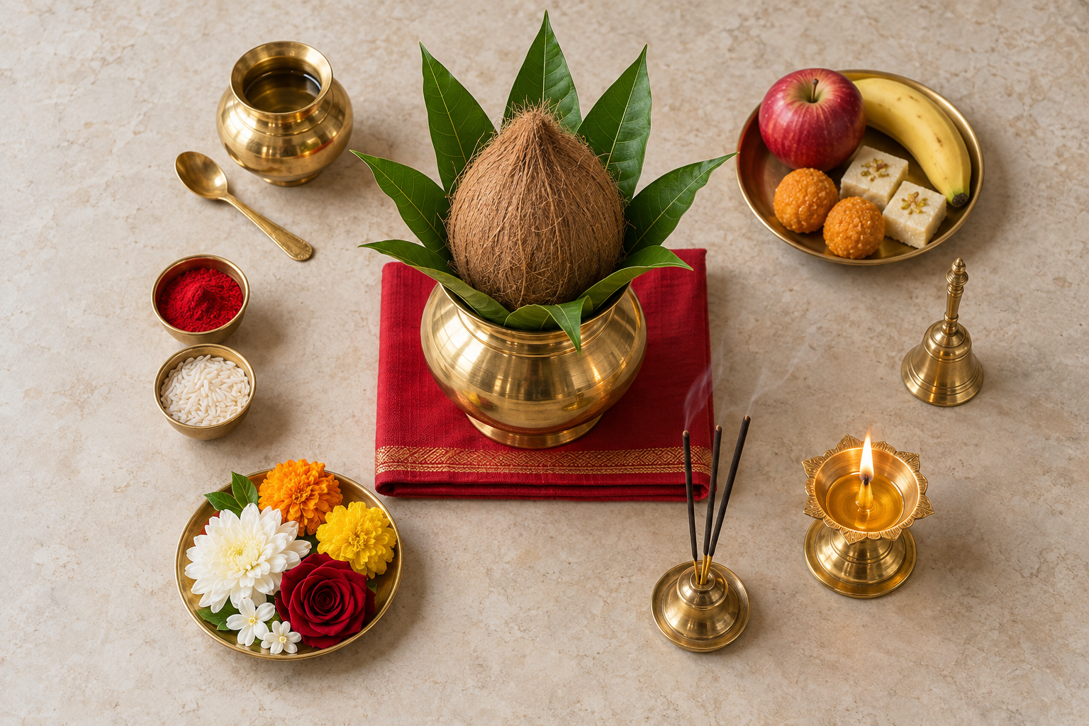 Home puja items arranged around a brass kalash, including water, kumkum, rice, flowers, incense, a lamp, offerings, and a bell.