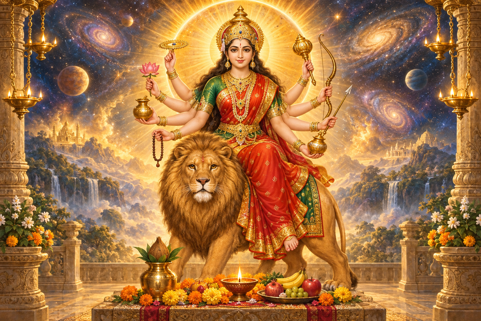 An eight-armed depiction of Maa Kushmanda seated on a lion above a home altar with a lamp, flowers, fruit, and a brass kalash.