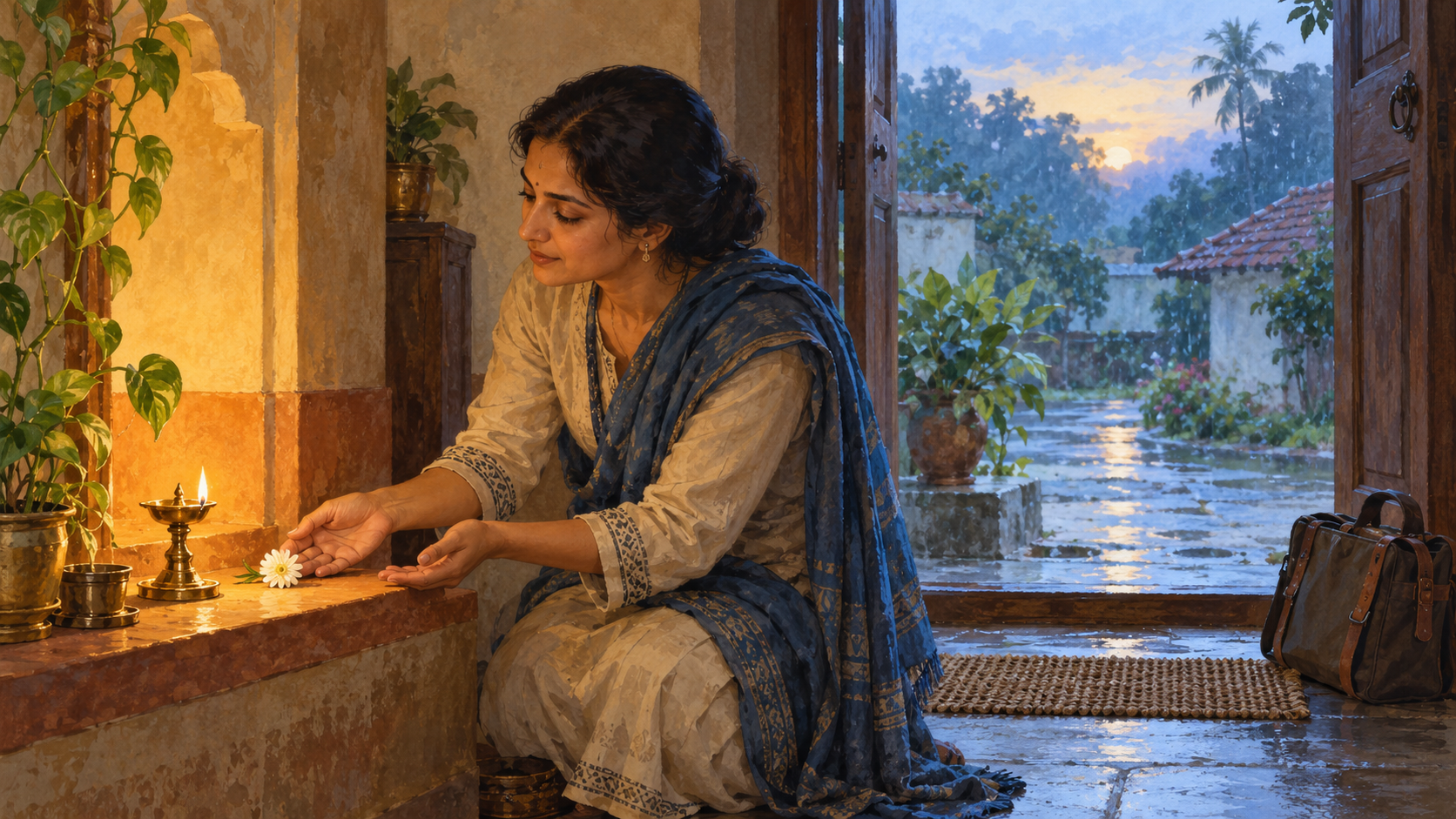 A person places a flower beside a lit oil lamp while a work bag waits near an open doorway at dawn.
