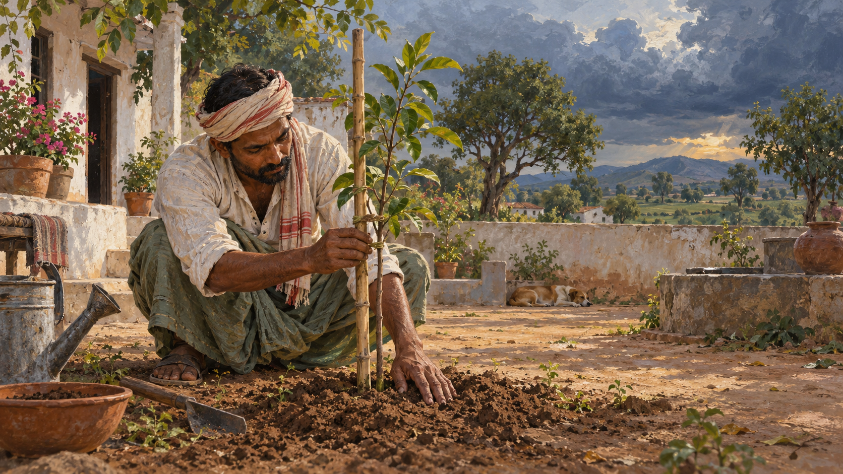 A gardener carefully supports a young tree in a courtyard beneath an uncertain cloudy sky.
