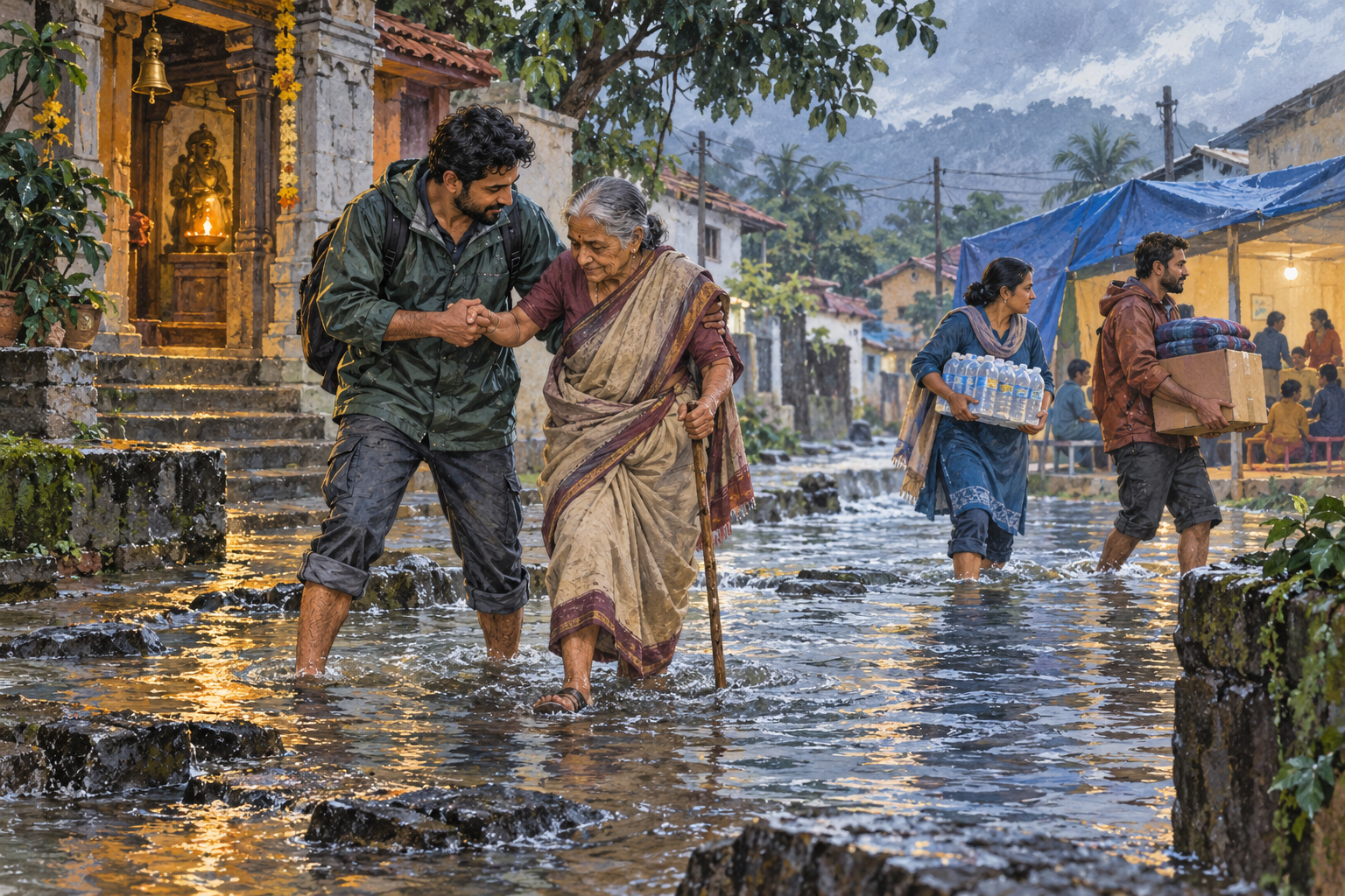 A person helps an older adult cross a rain-soaked lane outside a softly lit neighborhood temple.