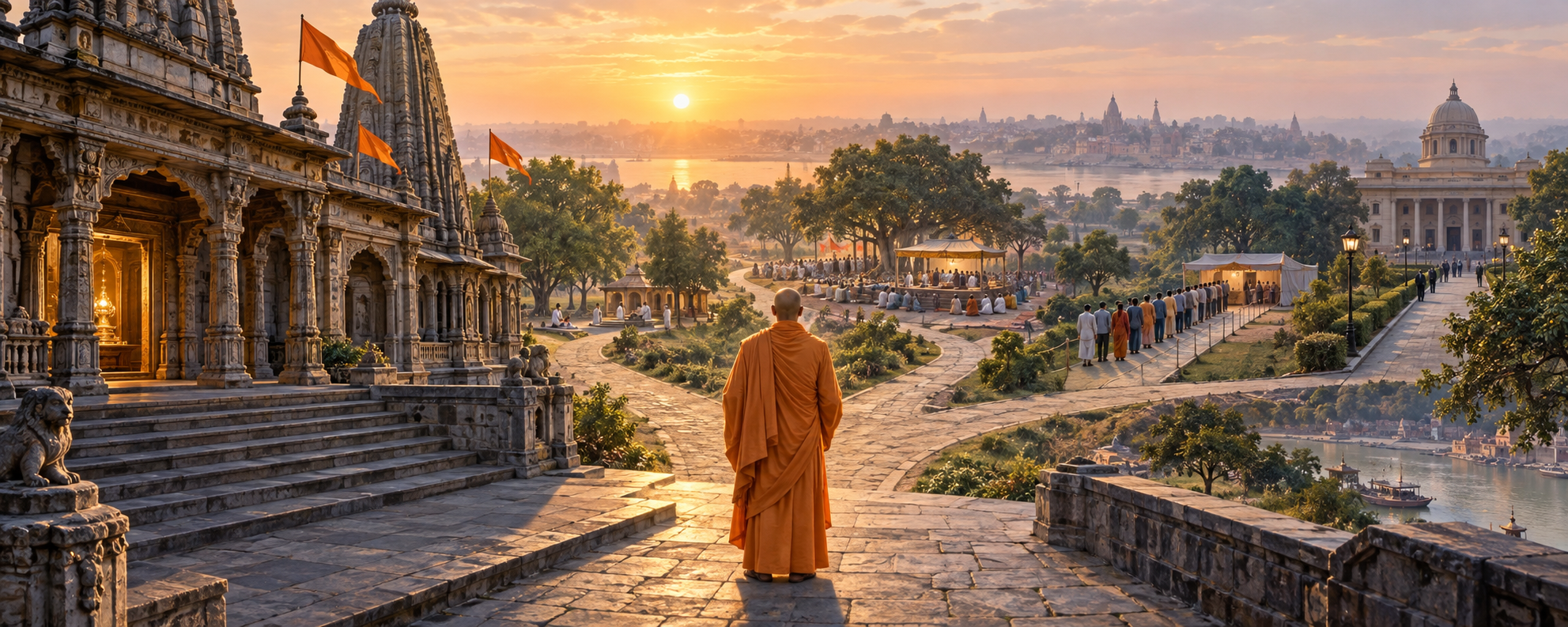 A saffron-robed monk viewed from behind faces branching paths leading from a Hindu temple toward a public gathering, an election queue, and a civic building.
