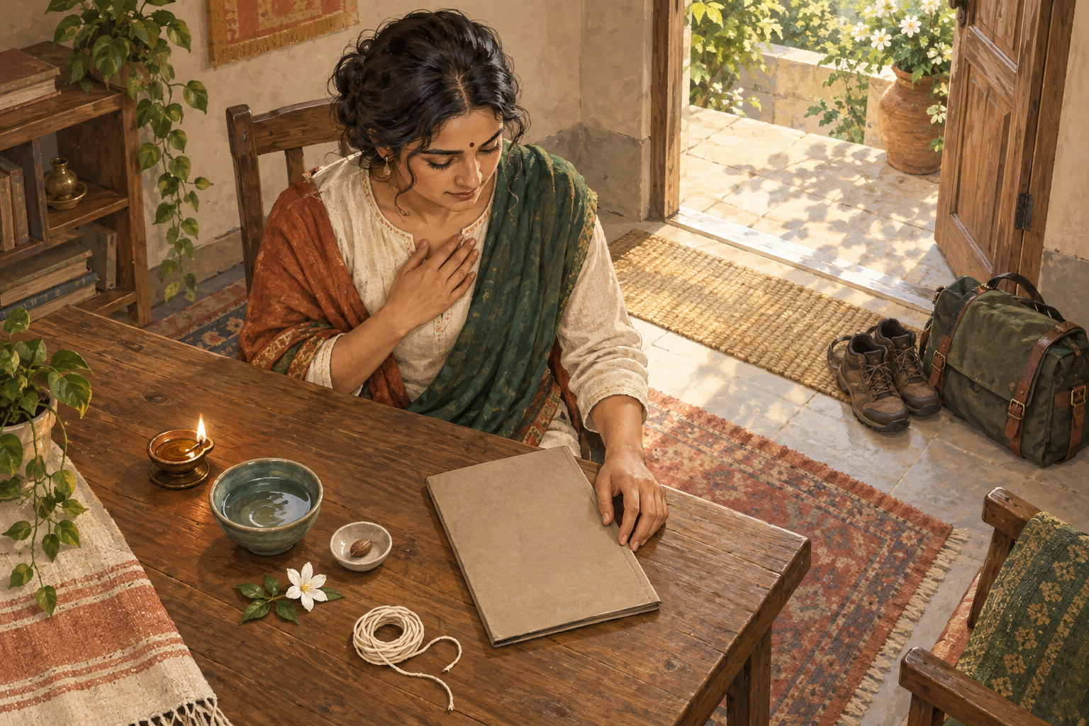 A person reflects at a table with a lamp, water bowl, flower, seed, and thread before an open doorway.
