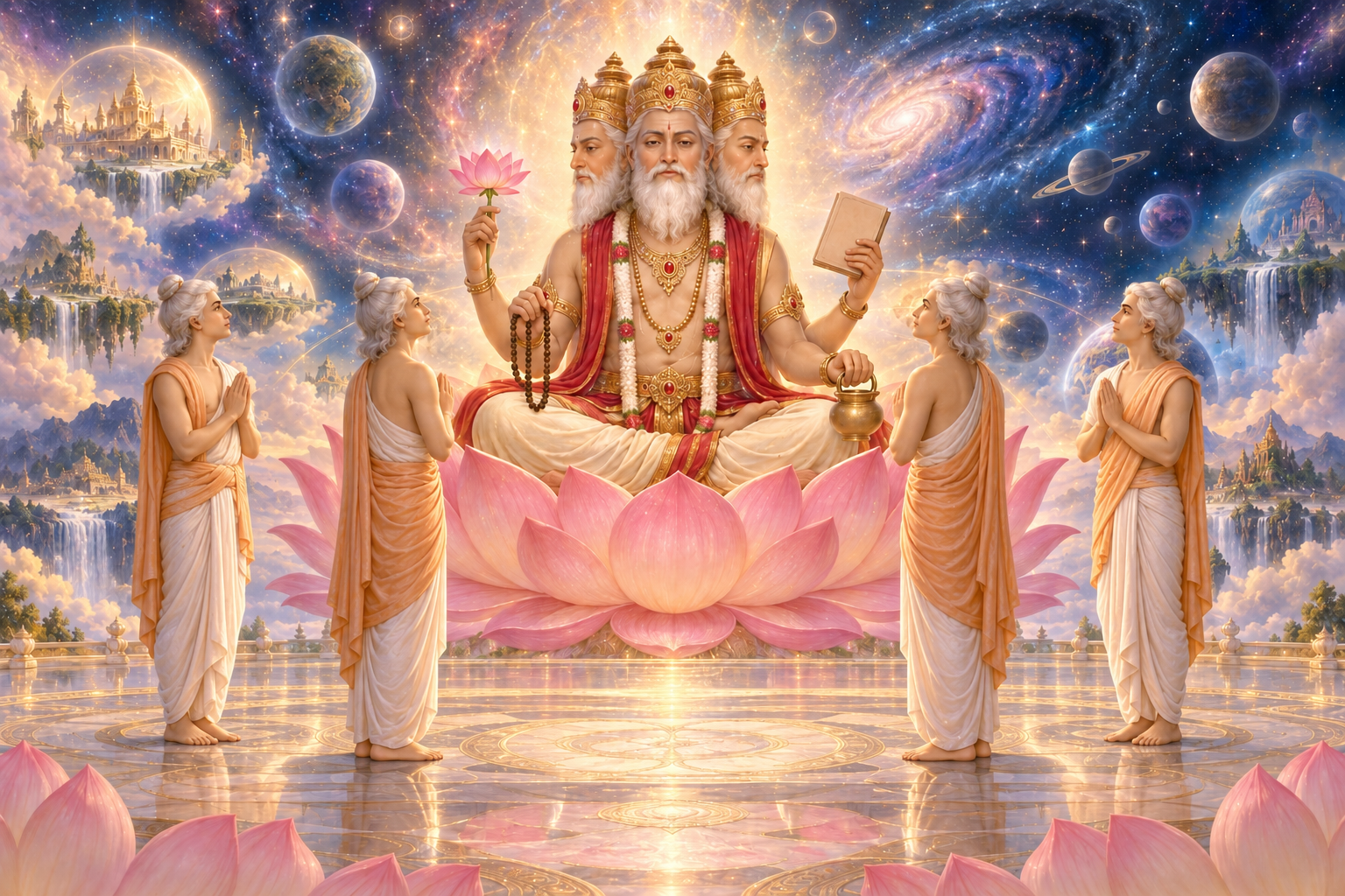 Four youthful sages stand before four-headed Brahma, who sits on a pink lotus as luminous worlds unfold behind him.