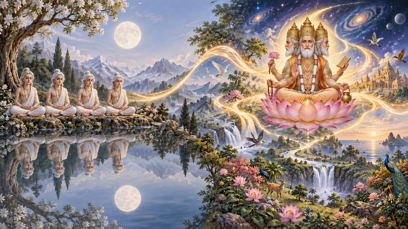 Four youthful sages meditate beside still water while four-faced Brahma looks toward a world of varied natural forms.