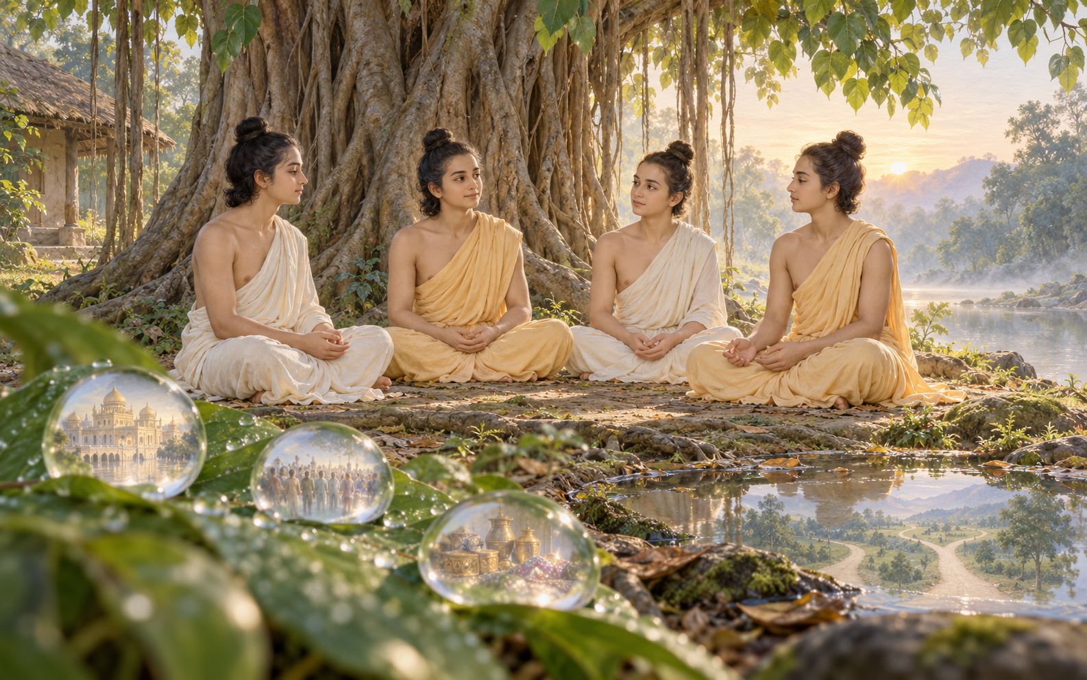 Four youthful sages sit calmly beneath a banyan tree as faint worldly scenes appear in nearby reflections.