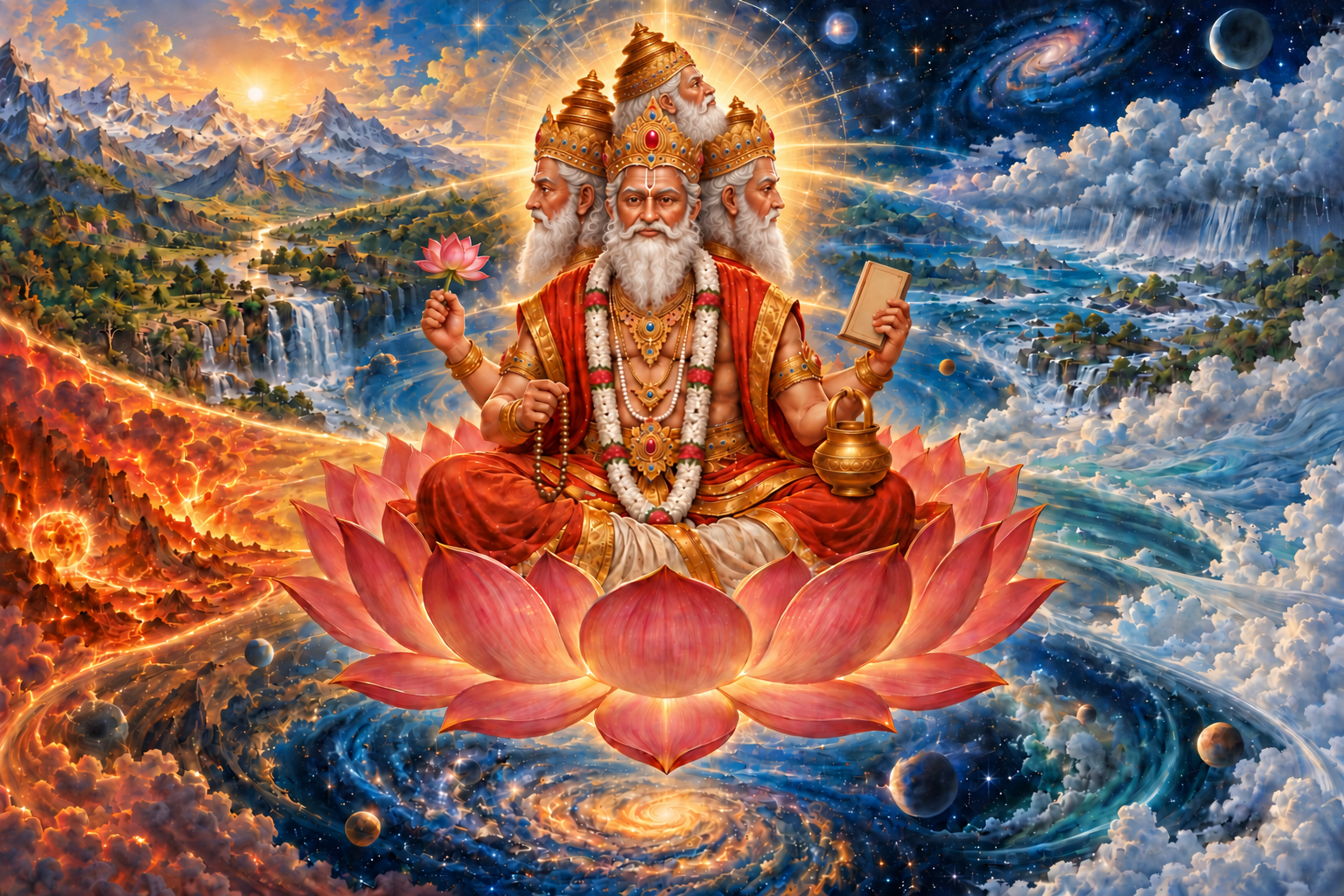 Four-faced Brahma sits on a lotus looking toward realms of earth, water, fire, and sky.