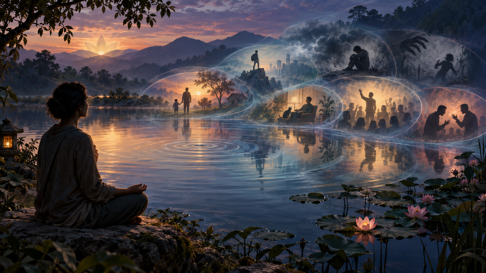 A seated meditator watches a pond ripple expand into layered scenes of memory, desire, fear, and conflict.
