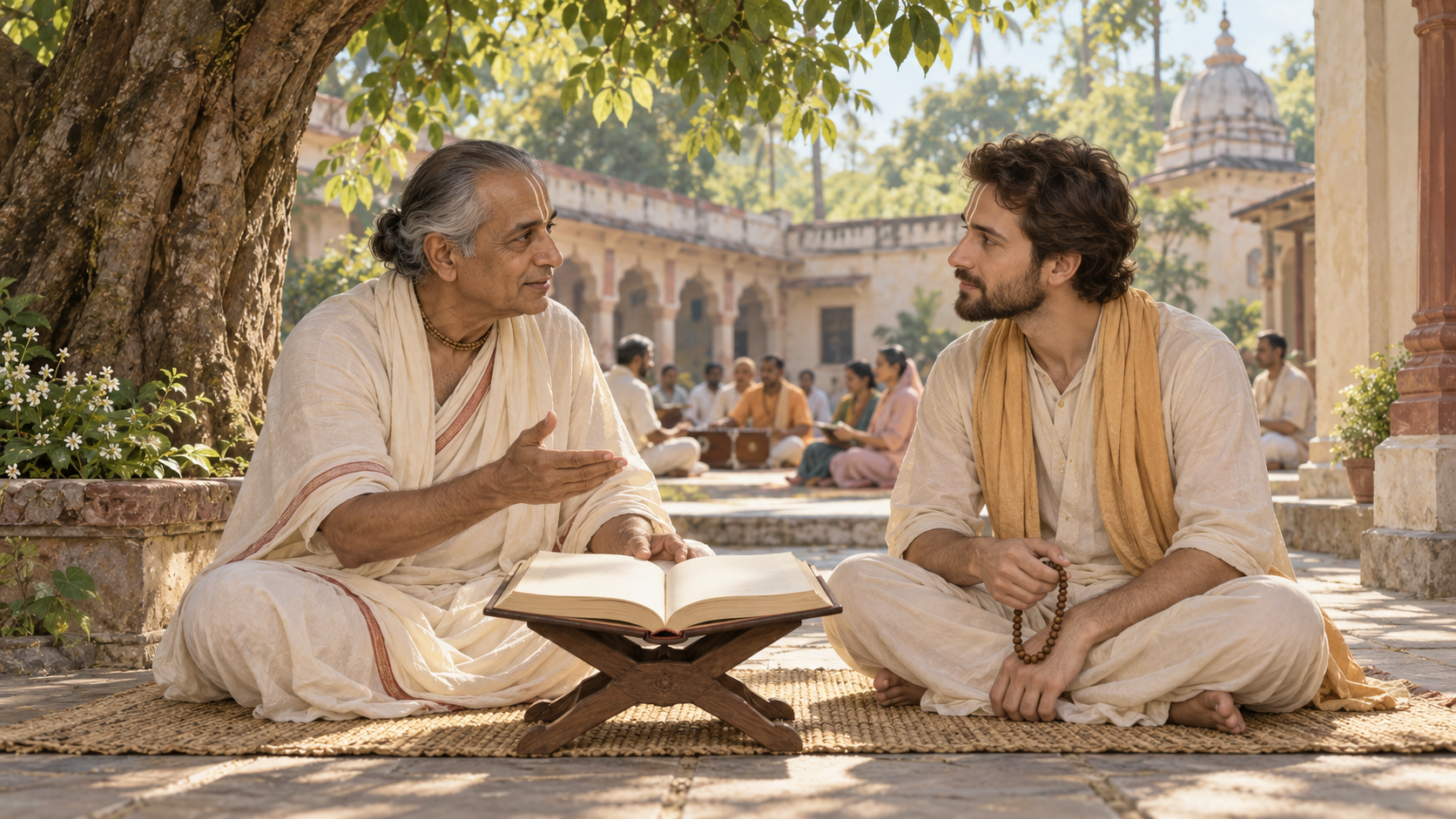 A senior Vaishnava teacher and an adult seeker discuss an open book while seated beneath a tree in a temple courtyard.