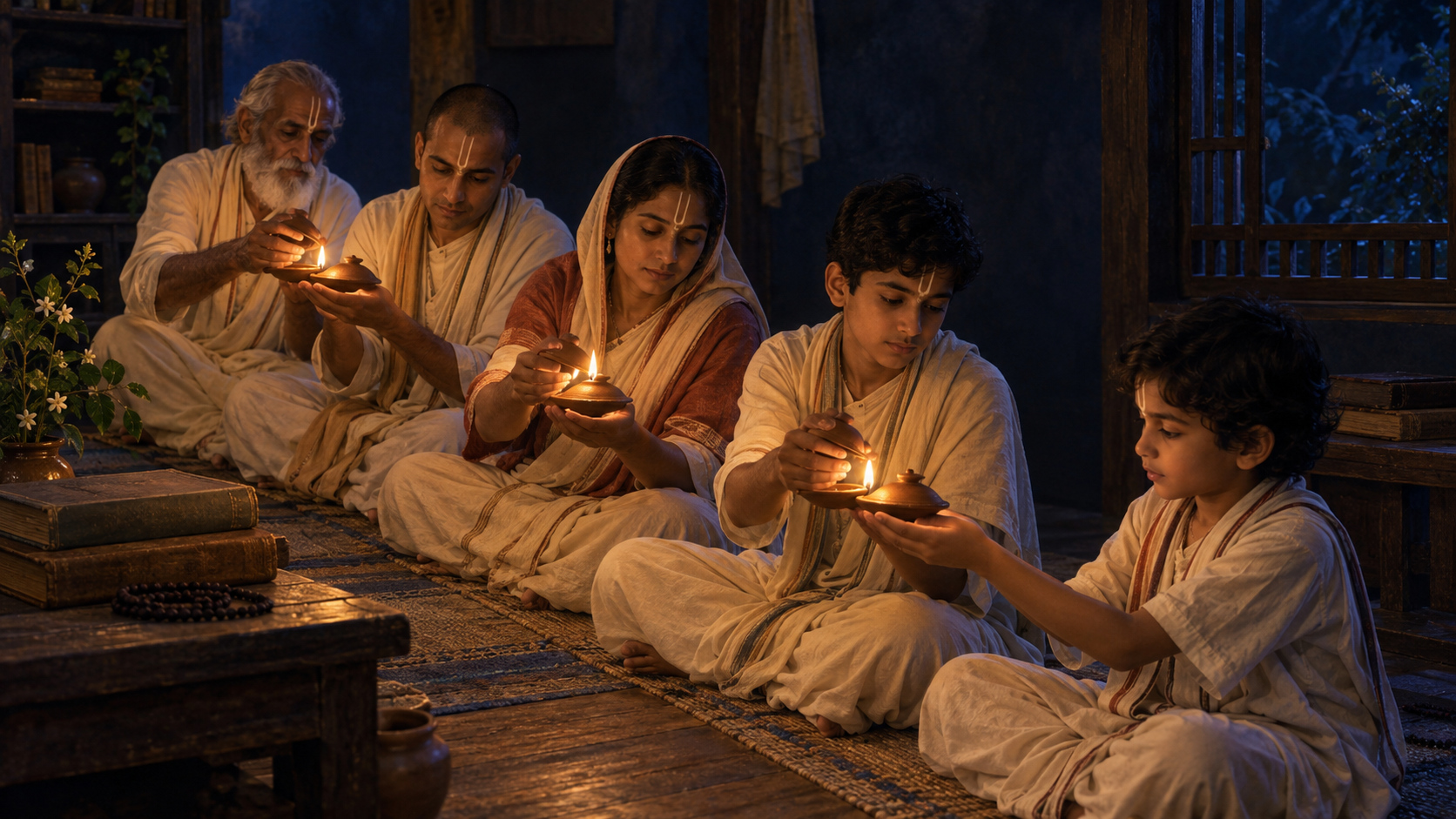 Five generations of Vaishnava practitioners pass protected clay lamps along a seated line in a quiet study hall.