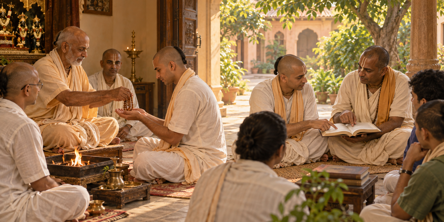 One scene shows an adult receiving tulasi beads in a formal initiation, while another shows the same practitioner studying with a teacher.