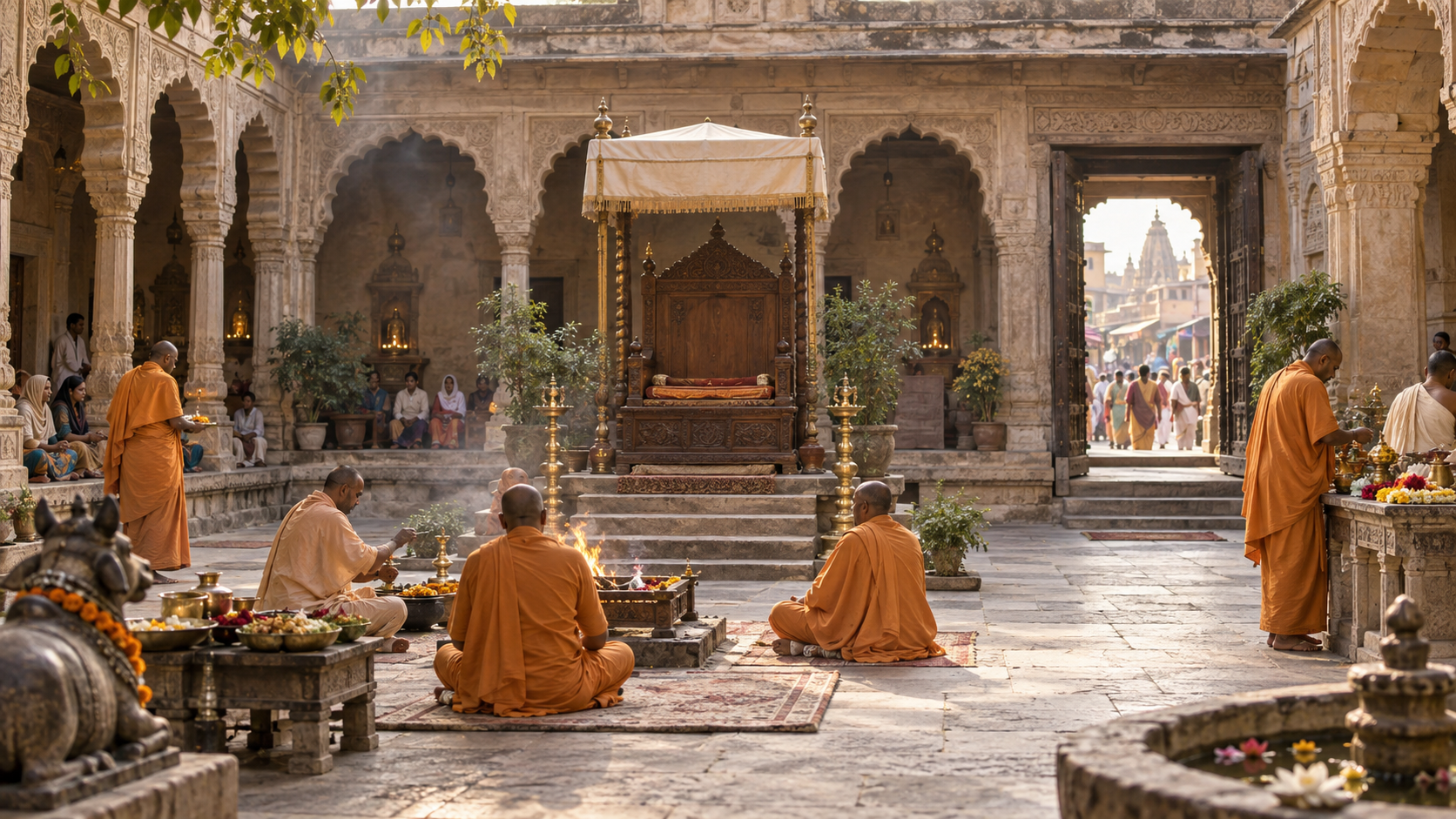 Monks and visitors gather around a sacred flame in a temple courtyard centered on an unoccupied ceremonial seat.