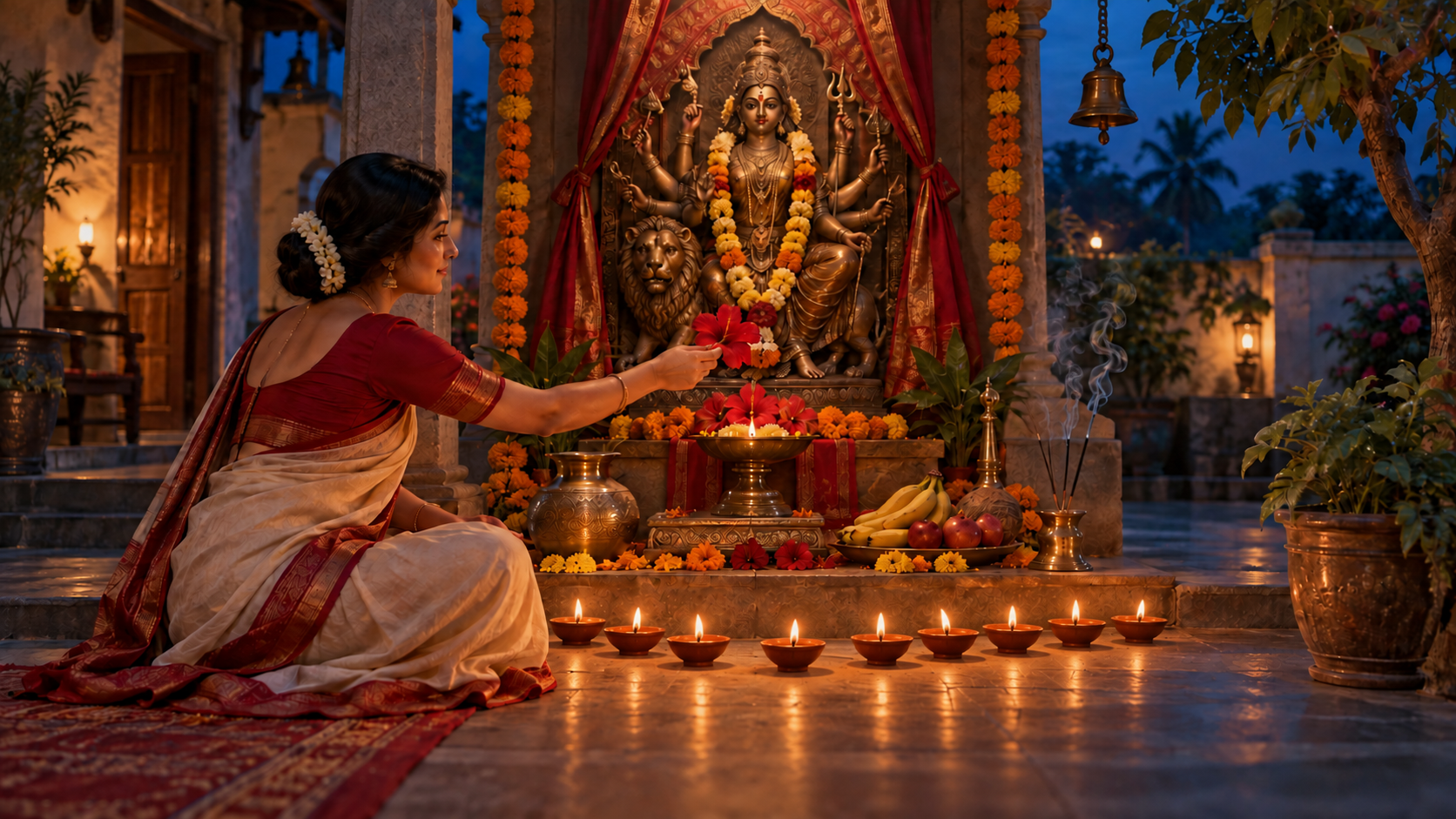 A devotee offers a red hibiscus at a Devi shrine surrounded by nine earthen lamps in a Navratri courtyard.