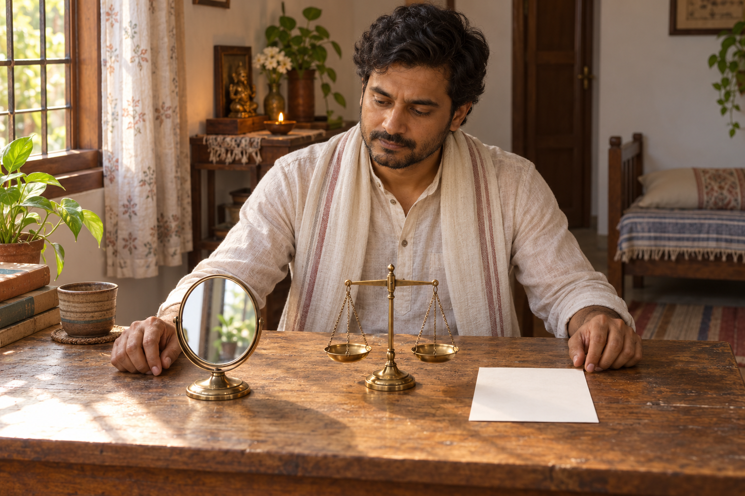 A voter sits at a wooden table with a mirror, a balanced brass scale, a lit oil lamp, and a blank ballot.