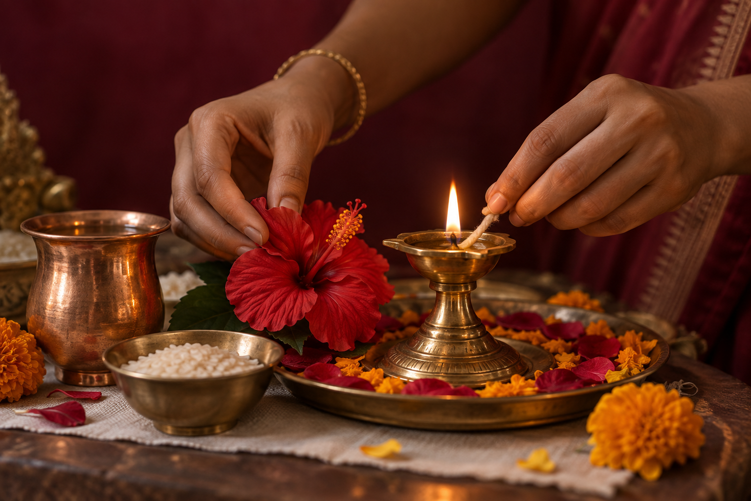 One hand offers a red hibiscus while another adjusts the wick of a brass lamp beside neatly arranged puja items.