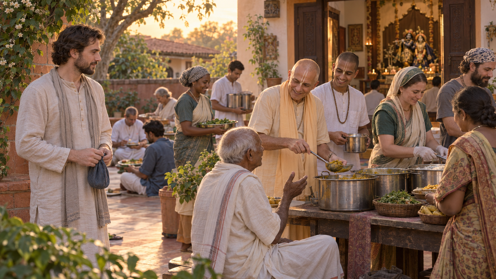 An adult seeker observes a Vaishnava teacher serving food and interacting with several members of a temple community.