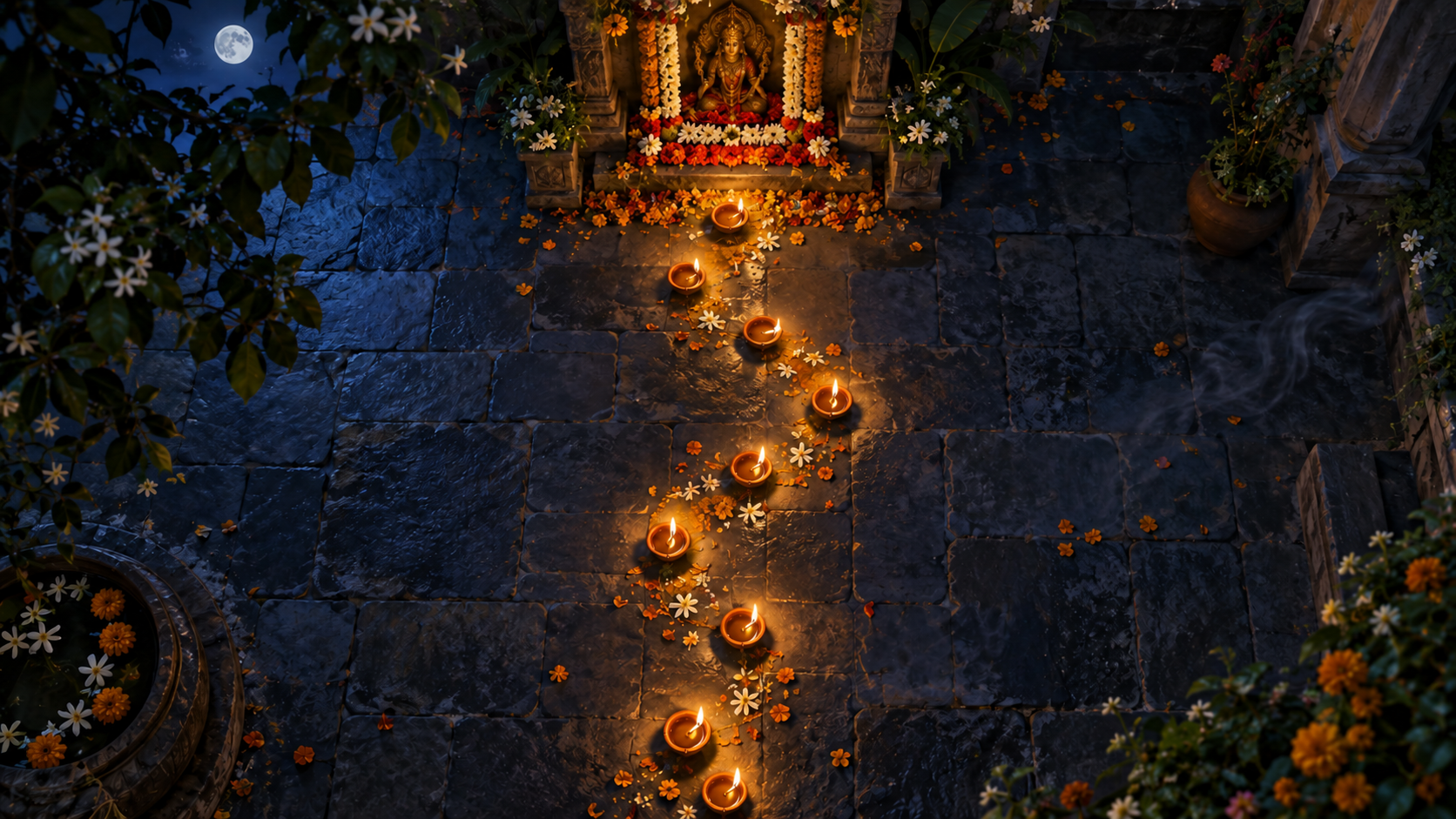 Nine glowing earthen lamps form a path across a flower-strewn courtyard toward a small Devi shrine at night.