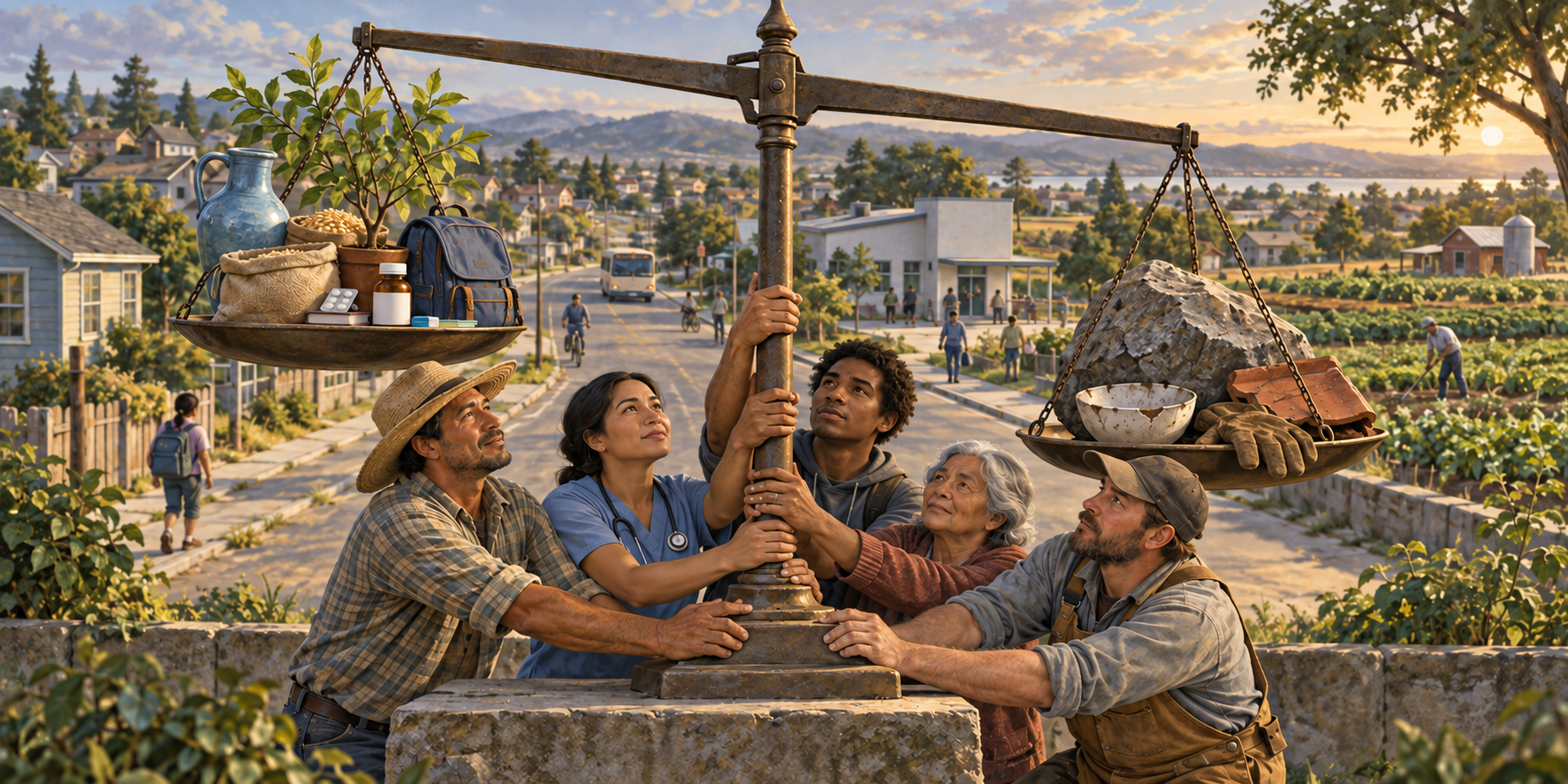 Several citizens steady a balance holding public necessities on one side and symbols of social burdens on the other, with a neighborhood behind them.
