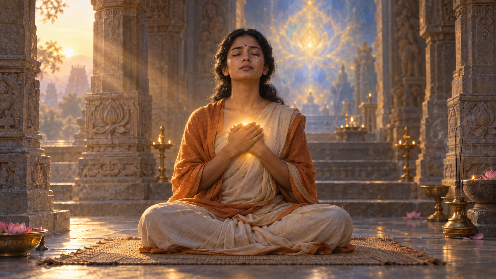 A seated practitioner meditates in a quiet temple alcove as a tear falls and soft golden-blue light glows before them.