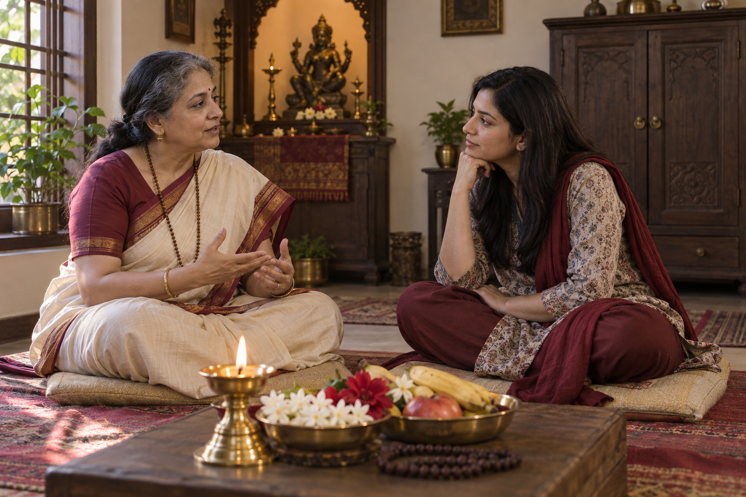 A teacher speaks with an adult student beside simple devotional offerings, while specialized ritual objects remain stored in a closed cabinet.