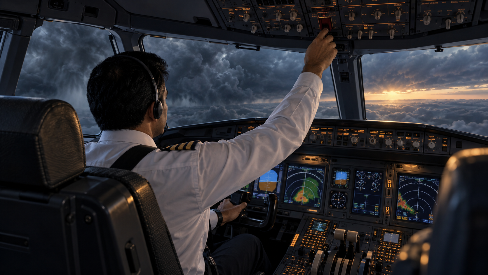 A fictional airline captain steadies an aircraft during a cockpit emergency as storm clouds and dawn light appear beyond the windscreen.
