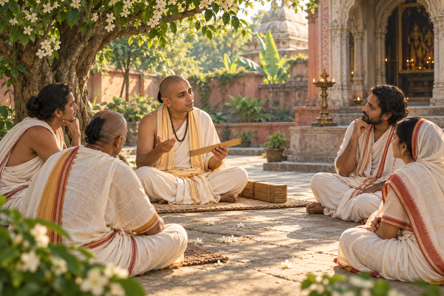 A Vaishnava teacher discusses a palm-leaf folio with attentive listeners seated in a Bengali courtyard.