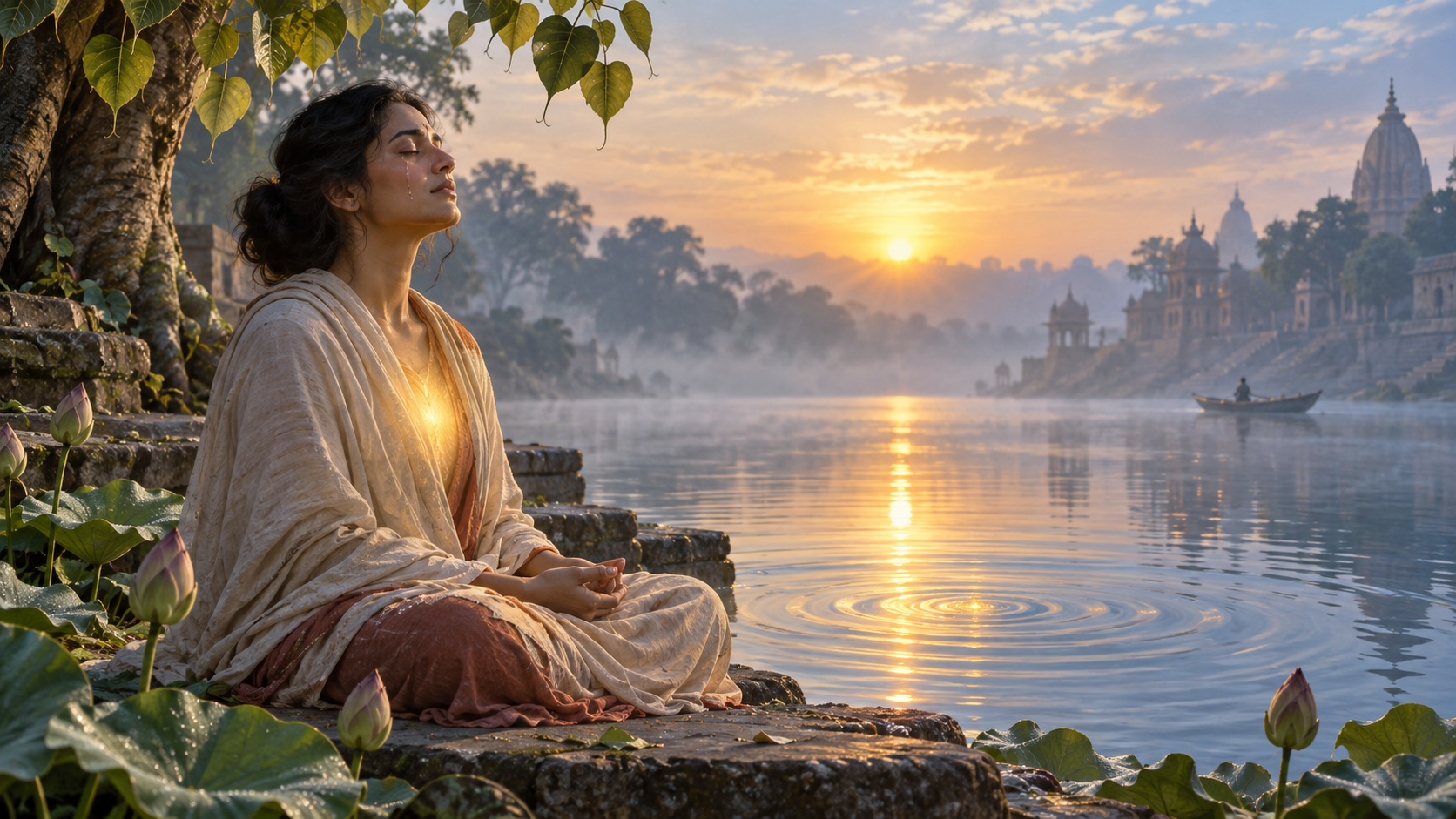 A devotee meditates beside a calm river while ripples and a warm glow visually connect focused attention, a softened heart, and a tear.