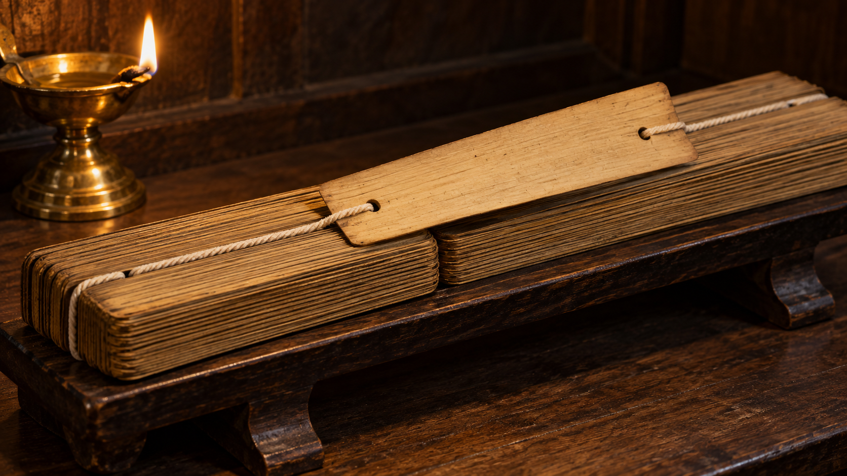 One blank palm-leaf folio is lifted from the middle of an ordered bound manuscript beside a brass lamp.