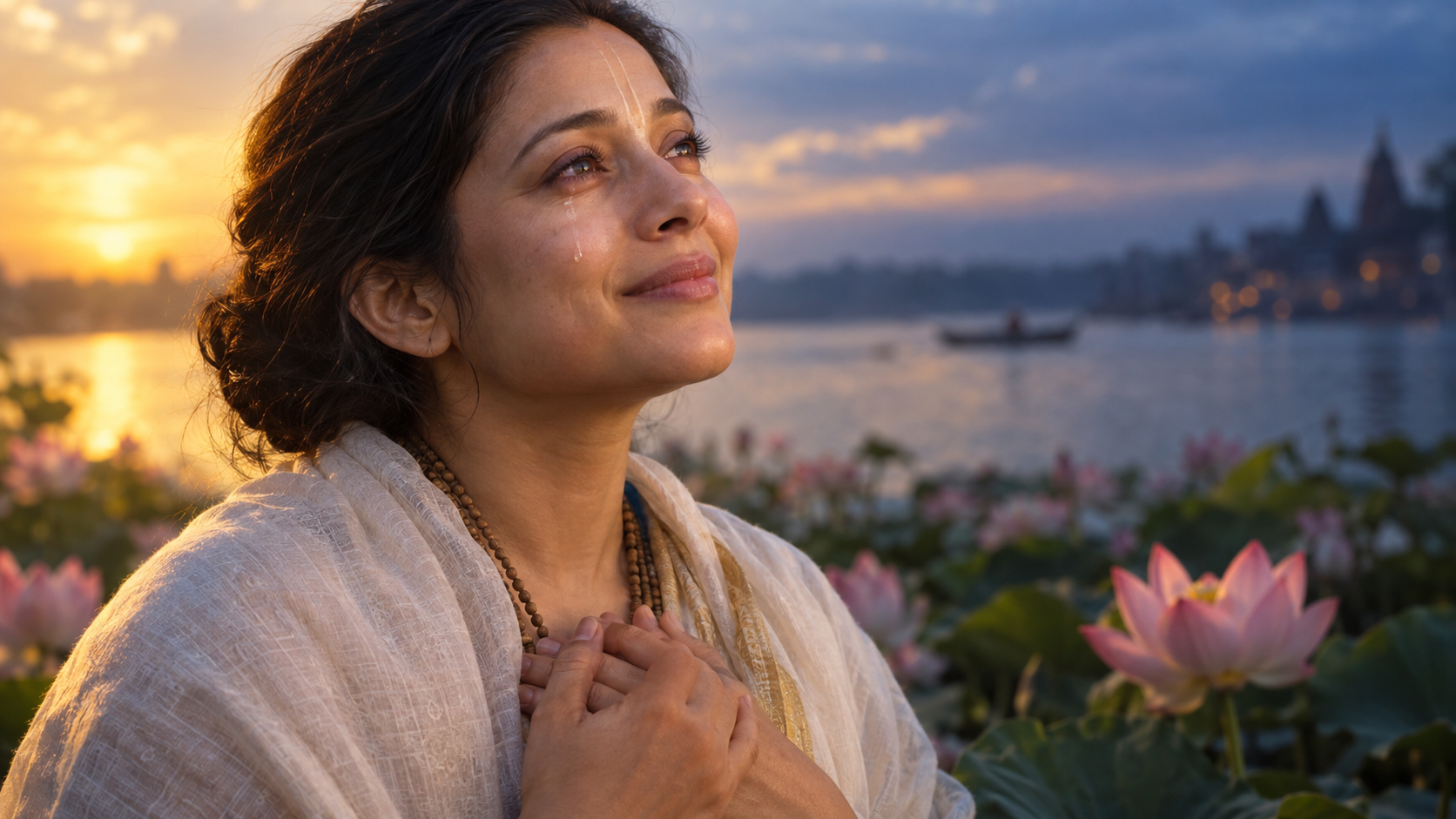 A praying practitioner wears a faint peaceful smile while a tear falls, illuminated by warm gold and cool blue light.
