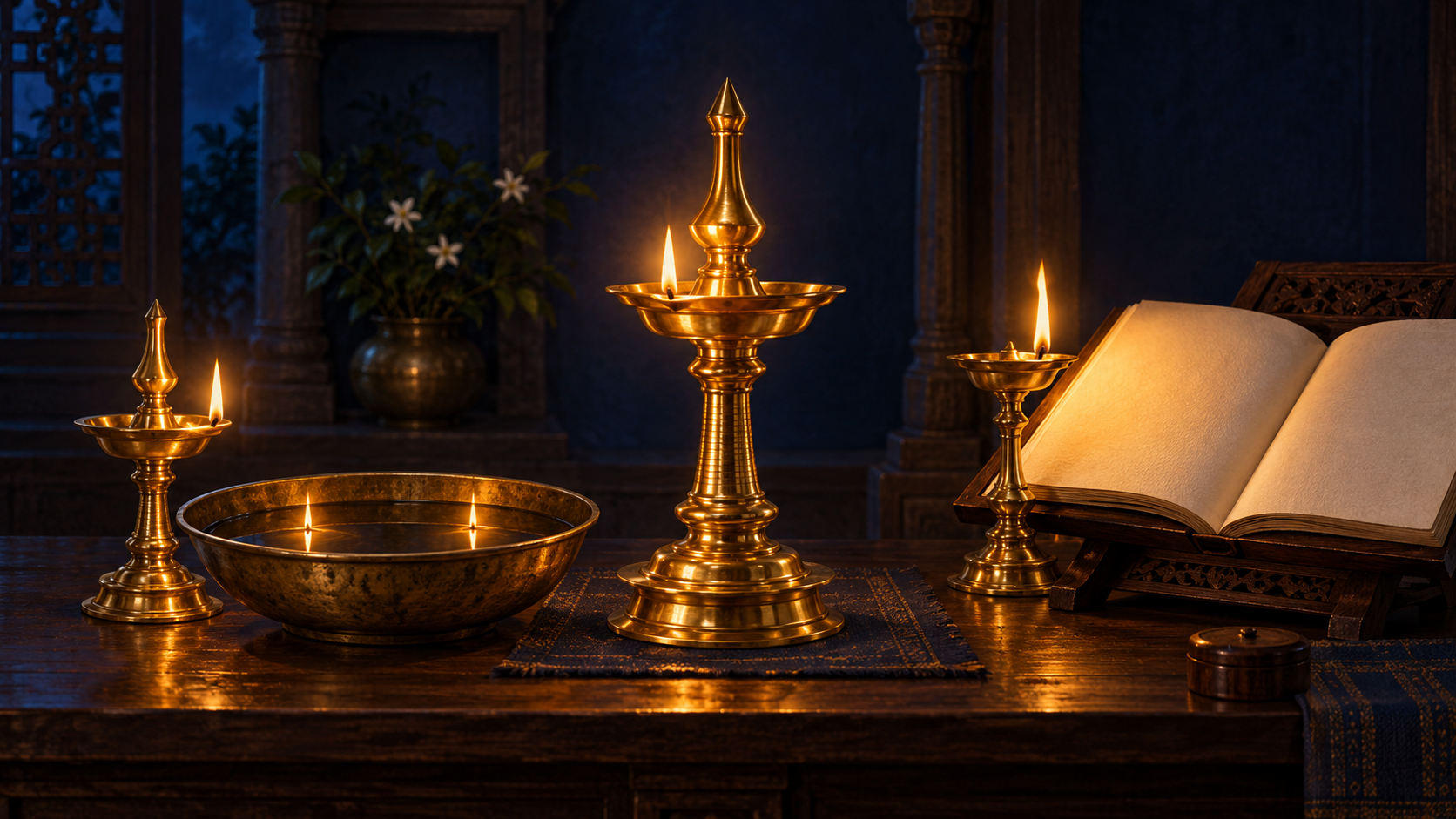 Three brass lamps serve different visual roles beside a bronze bowl and a blank folio in a dim study.