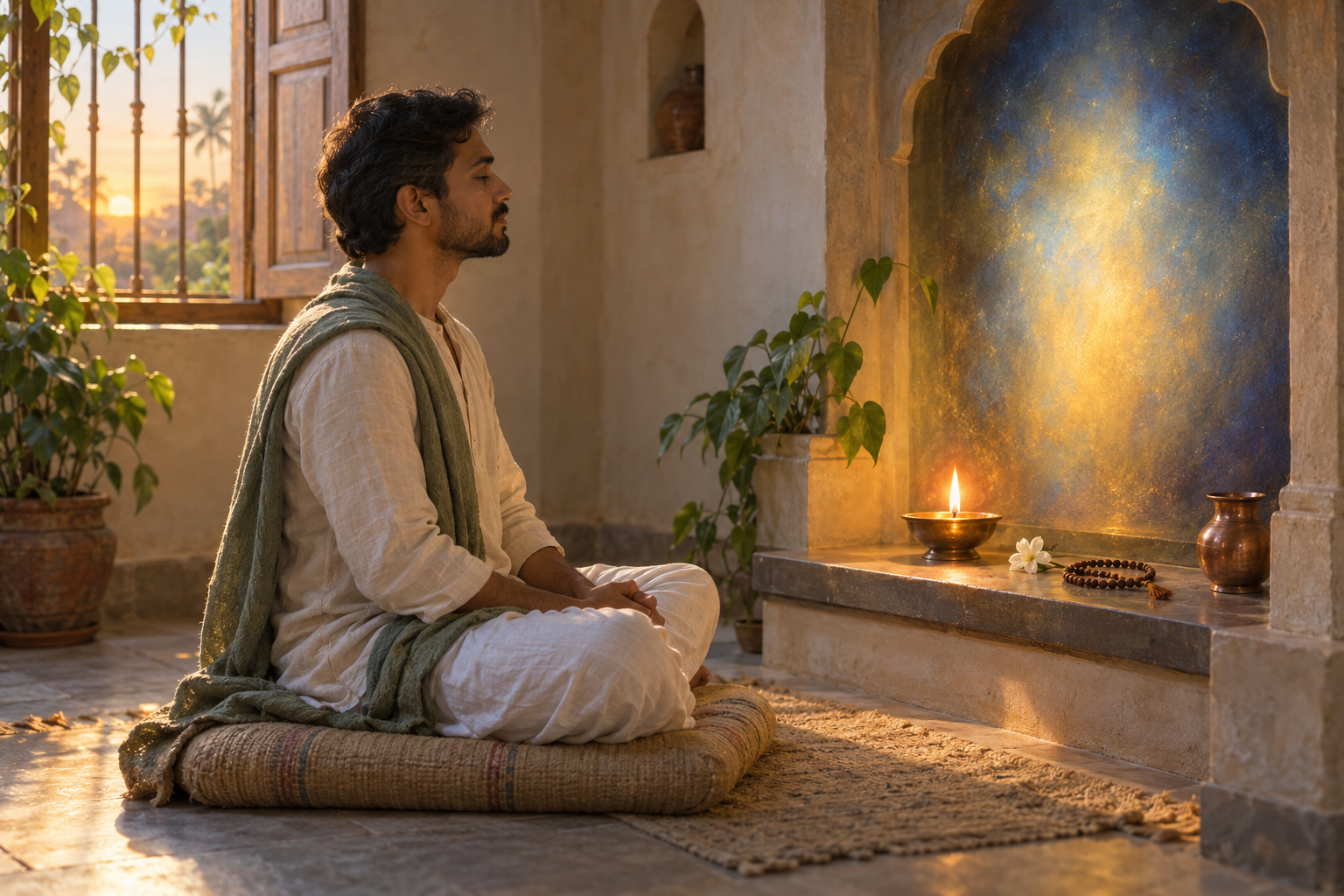A devotee practices quiet morning meditation before a simple home shrine with an oil lamp, prayer beads, a flower, and a water vessel.
