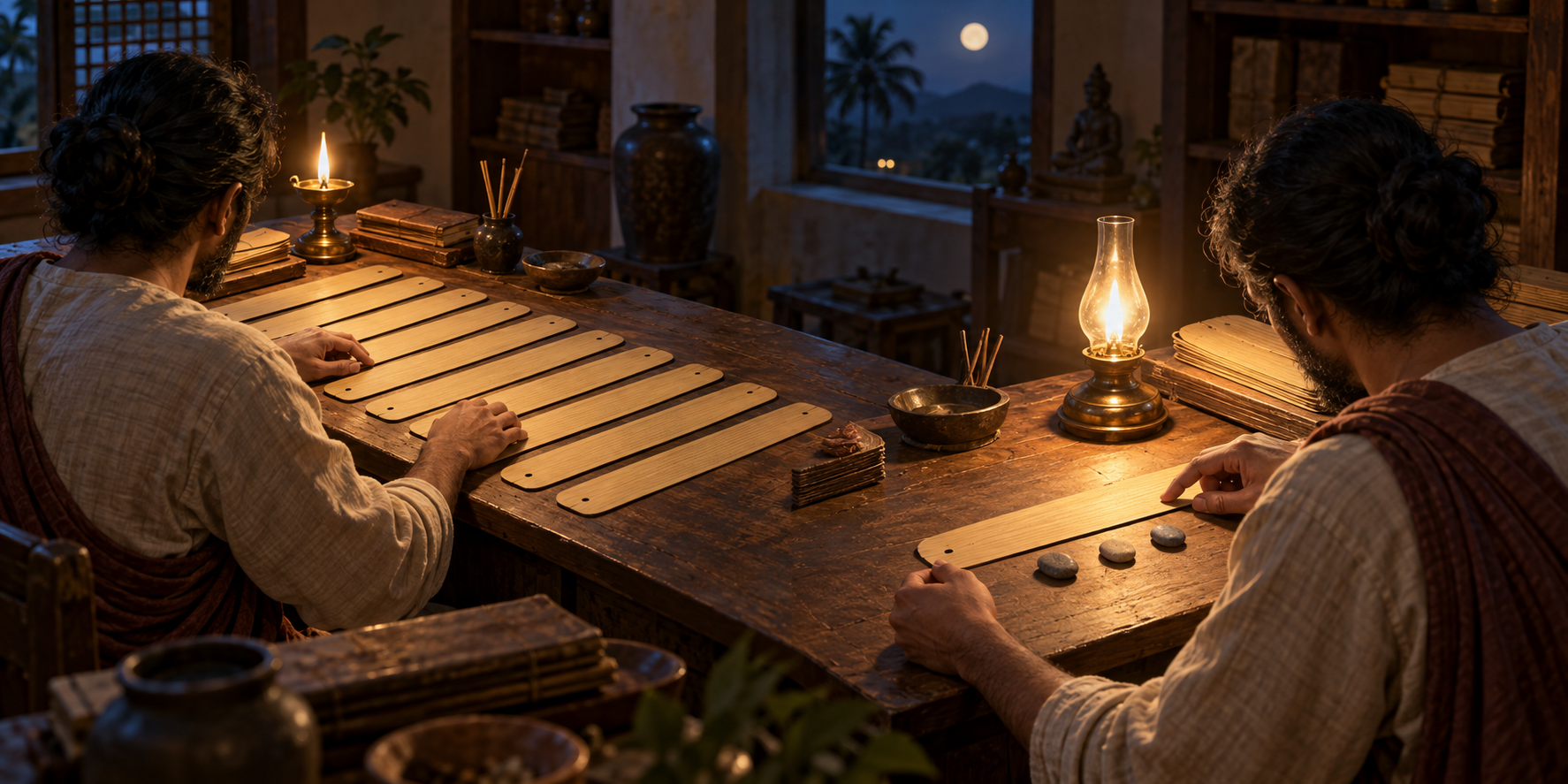 A reader first arranges a sequence of blank palm-leaf folios and then studies one folio closely by lamplight.