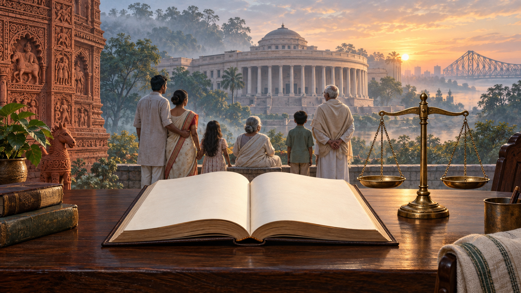 An open legal manuscript and brass scales stand before a multigenerational Bengali family and a democratic assembly building at dawn.