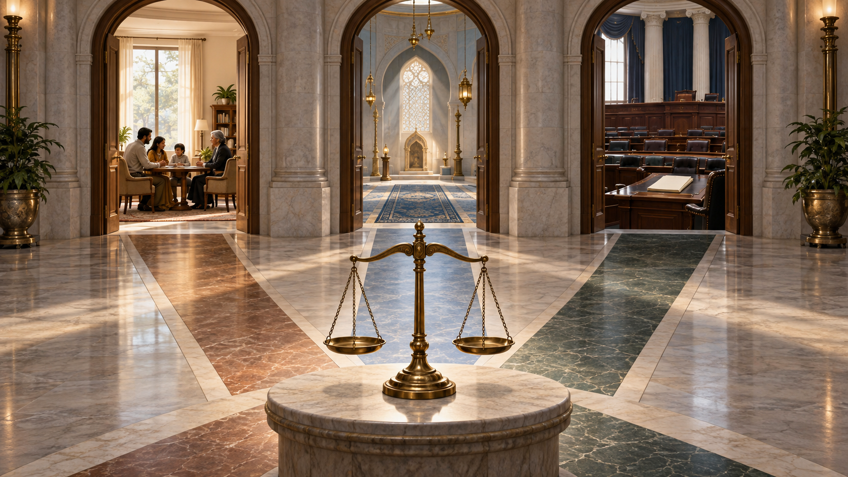 Three separate doorways in a civic hall lead to a family meeting, a place of worship, and a legislative chamber.
