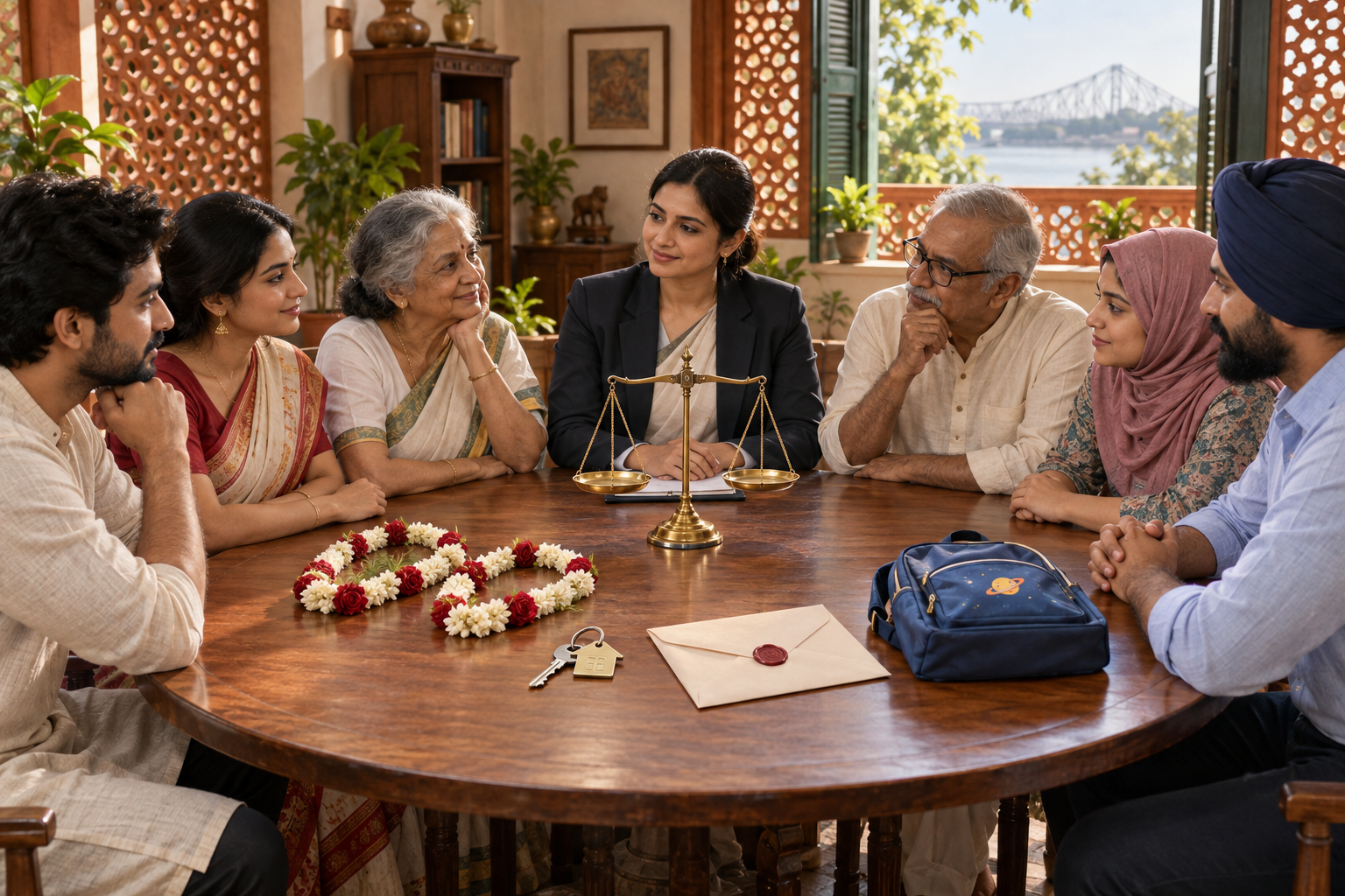 Indian adults and a legal adviser sit around a table with balanced scales, wedding garlands, a house key, a blank document, and a school bag.
