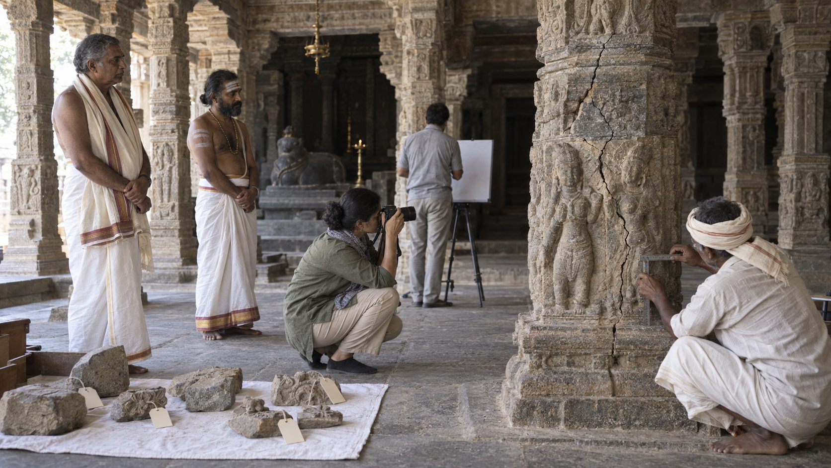 A priest, temple representative, conservation architect and stone artisan document cracks and carved stonework inside a temple hall.
