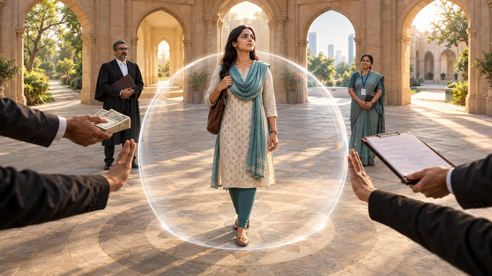An Indian woman stands within a transparent protective circle as she faces several open pathways, while coercive hands remain outside and two officials observe nearby.