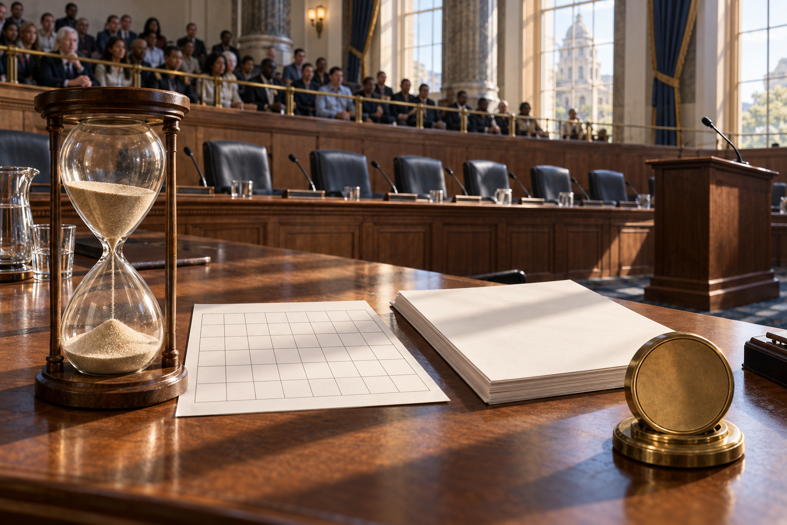 An hourglass, blank calendar grid, draft bill, and brass seal sit on a committee table before a public gallery and empty legislative chairs.