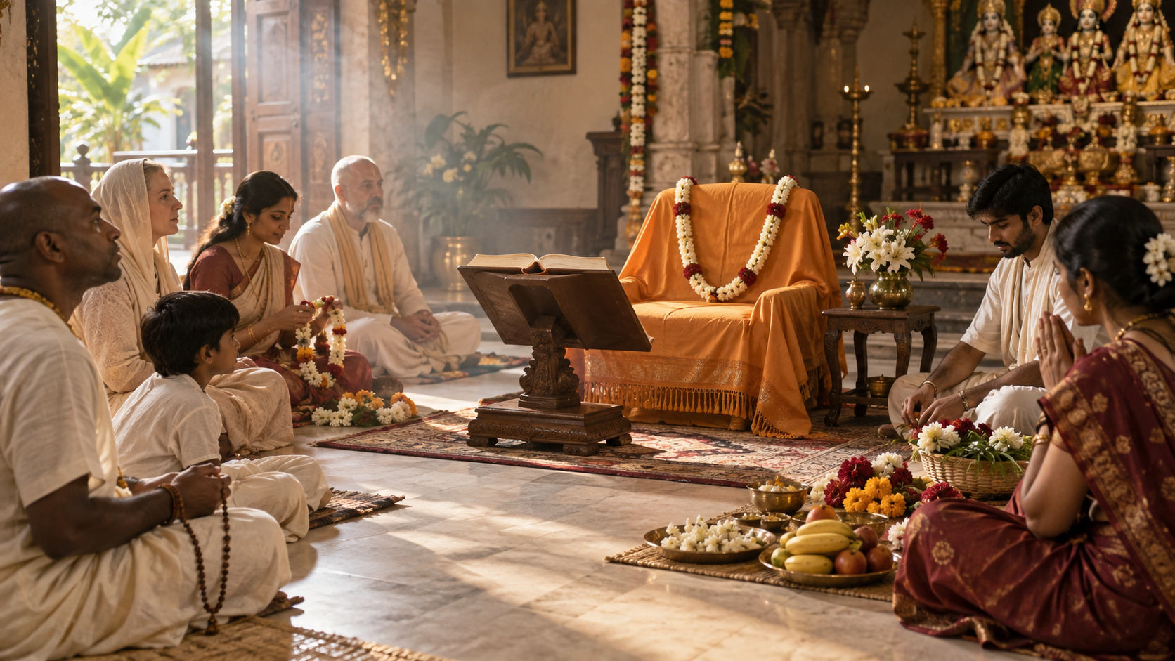 Devotees gather around a garlanded teacher's seat and an open sacred book in a softly lit temple hall.