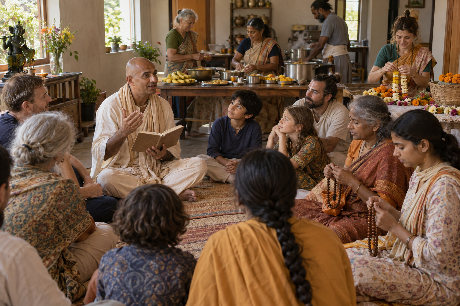 A multigenerational group listens, prays with beads, and prepares food and flowers in a temple community room.