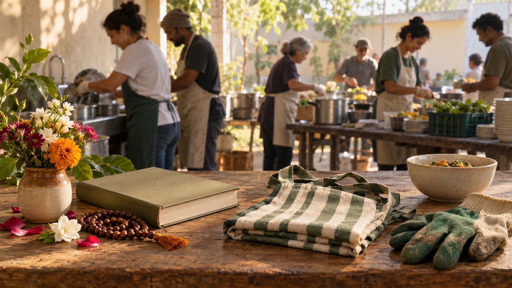 Flowers, prayer beads, a devotional book, an apron, and gardening gloves rest on a table while volunteers serve in the background.