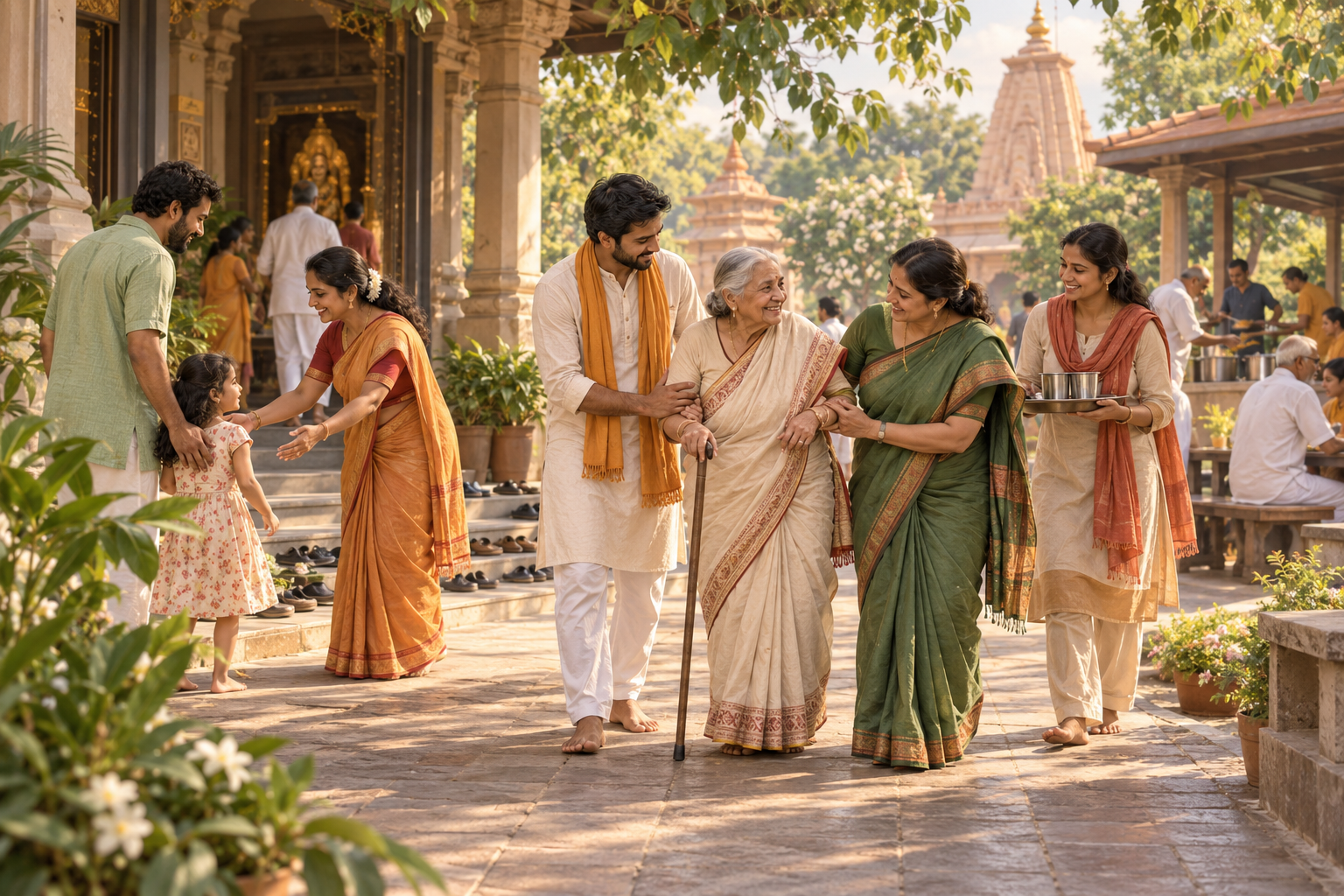 Devotees assist an older community member and welcome a parent and child in a sunlit temple courtyard.