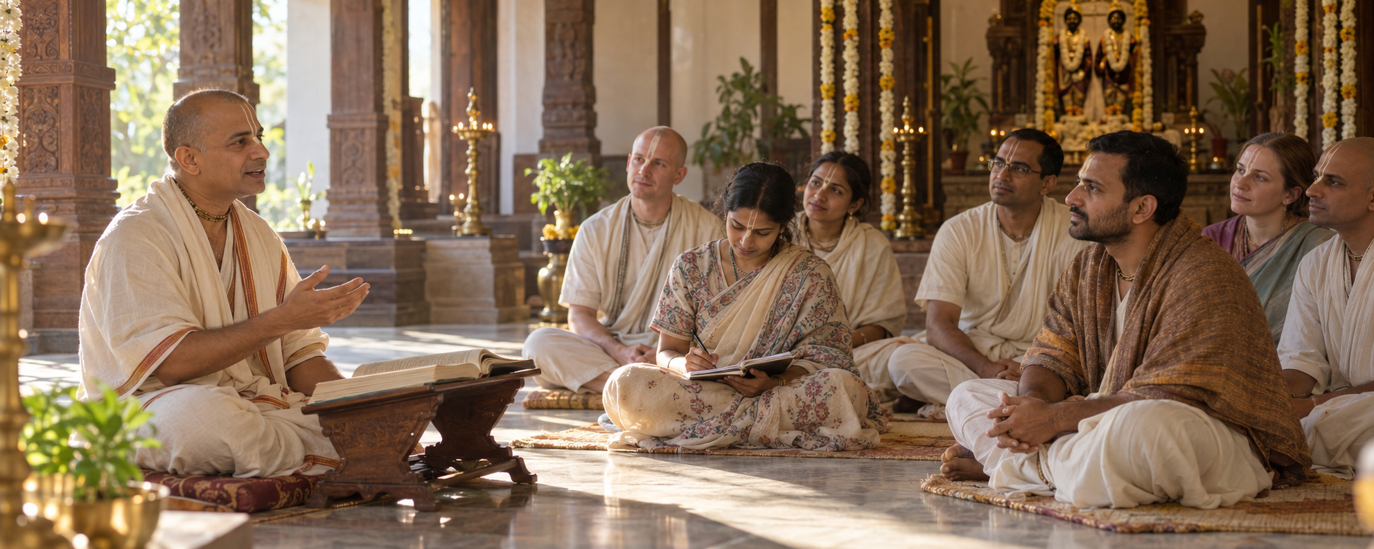A Vaishnava teacher leads a devotional class while adult students listen and take notes in a sunlit temple study hall.